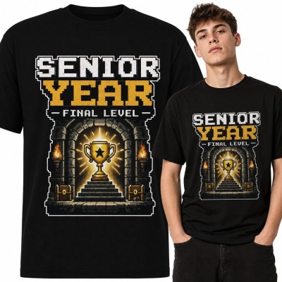 Koszulka męska z pikselowym pucharem „Senior Year - Final Level” - ostatni rok szkoły