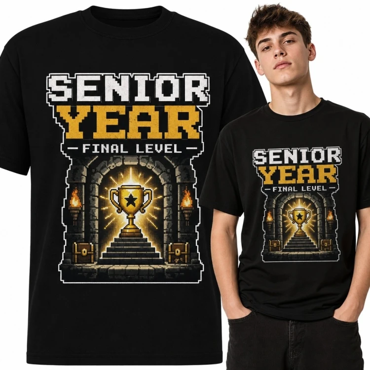 Koszulka męska z pikselowym pucharem „Senior Year - Final Level” - ostatni rok szkoły