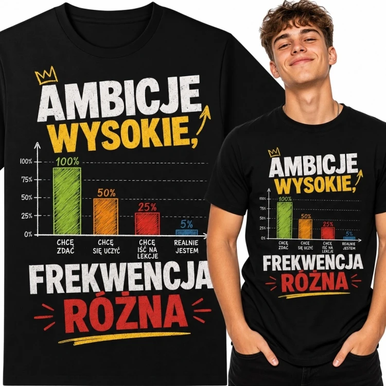 Koszulka męska z wykresem szkolnym „Ambicje wysokie, frekwencja różna”