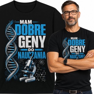 Koszulka męska dla nauczyciela biologii „Mam dobre geny do nauczania” - DNA i mikroskop