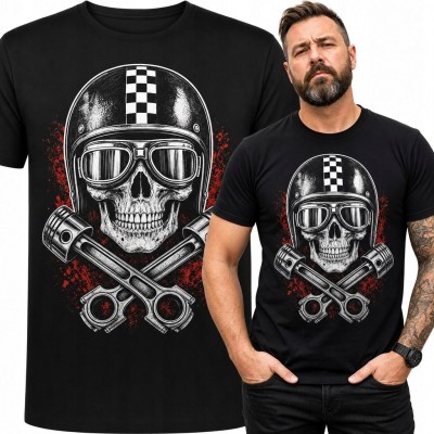 Koszulka męska z czaszką motocyklisty i skrzyżowanymi tłokami - mroczny motyw