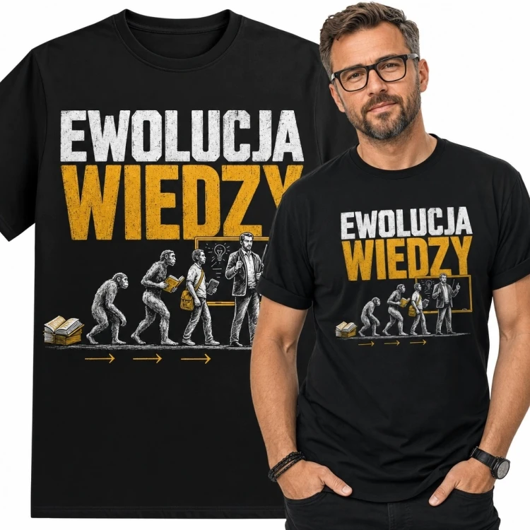 Czarna koszulka męska dla nauczyciela „Ewolucja wiedzy” - edukacyjny humor