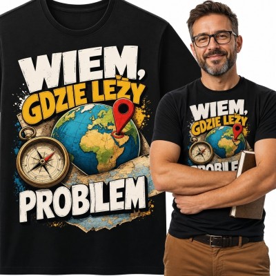 Koszulka męska z globusem i kompasem „Wiem, gdzie leży problem!” - wzór podróżniczy