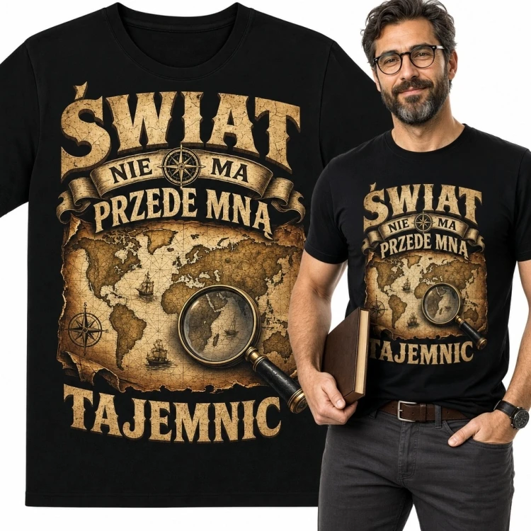 Koszulka męska ze starą mapą świata „Świat nie ma przede mną tajemnic” - motyw podróżniczy vintage