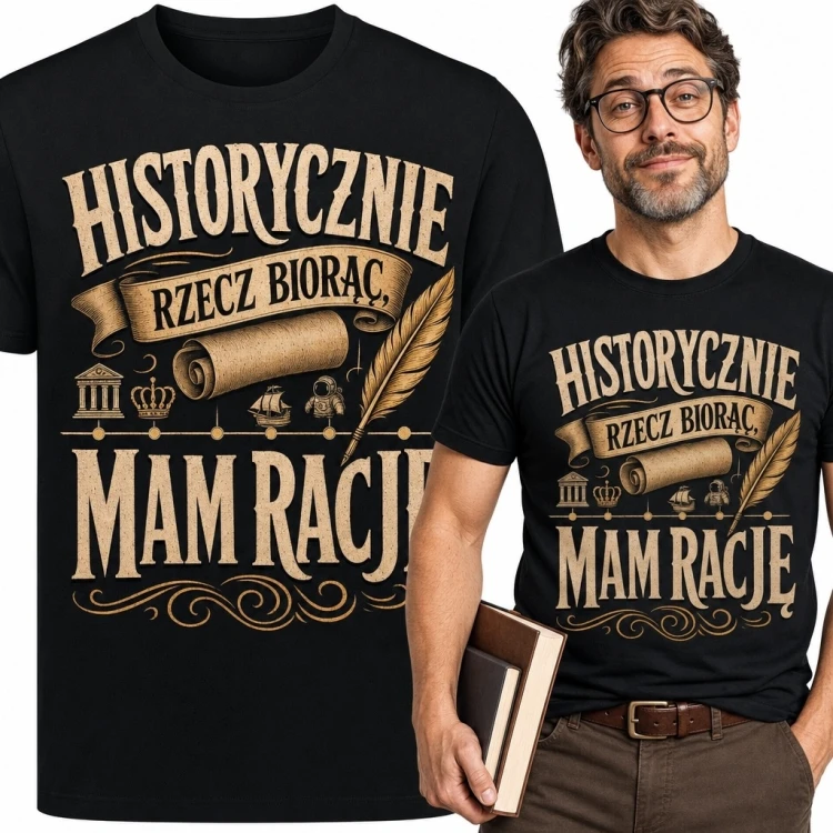 Koszulka męska z historycznym sloganem „Historycznie rzecz biorąc, mam rację”