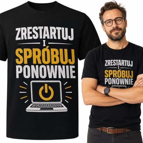 Koszulka męska dla informatyka z laptopem „Zrestartuj i spróbuj ponownie”