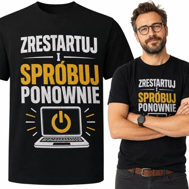 Koszulka męska dla informatyka z laptopem „Zrestartuj i spróbuj ponownie”