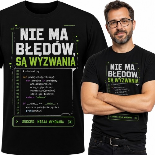 Koszulka męska dla programisty „Nie ma błędów, są wyzwania” - kod Python