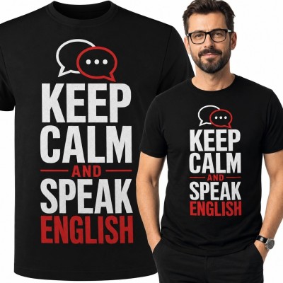 Koszulka męska z dymkami dialogowymi „Keep Calm and Speak English” - dla miłośnika angielskiego