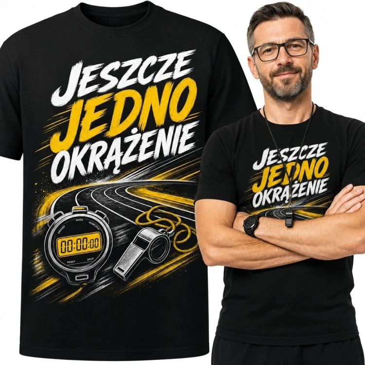 Koszulka męska dla biegacza „Jeszcze jedno okrążenie” - bieżnia i stoper