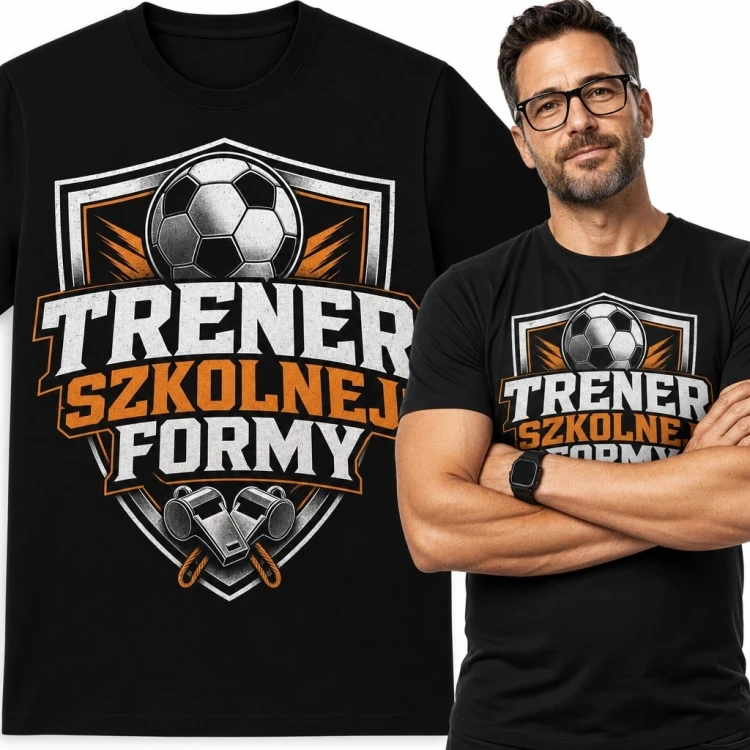 Koszulka męska dla szkolnego trenera „Trener szkolnej formy” - piłka nożna i gwizdki