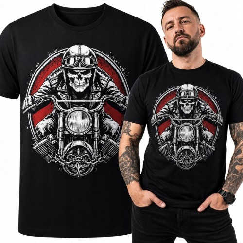 Koszulka męska ze szkieletem jadącym na chopperze - mroczny motyw motocyklowy