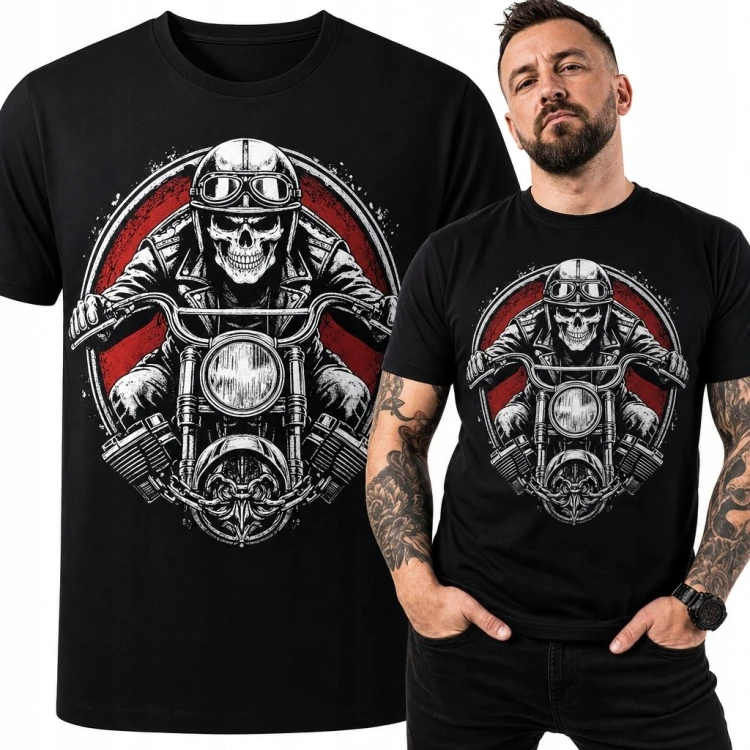 Koszulka męska ze szkieletem jadącym na chopperze - mroczny motyw motocyklowy