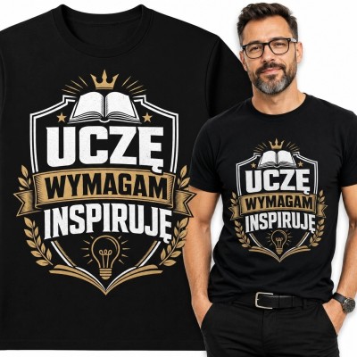 Koszulka męska dla nauczyciela „Uczę Wymagam Inspiruję” - emblemat z książką