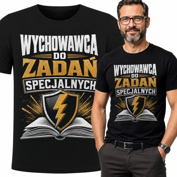 Koszulka męska dla wychowawcy „Wychowawca do zadań specjalnych” - tarcza, błyskawica i książka