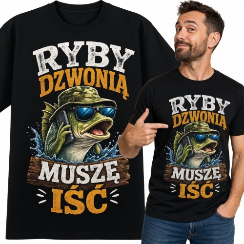 Koszulka męska dla wędkarza „Ryby dzwonią / muszę iść” - ryba z telefonem