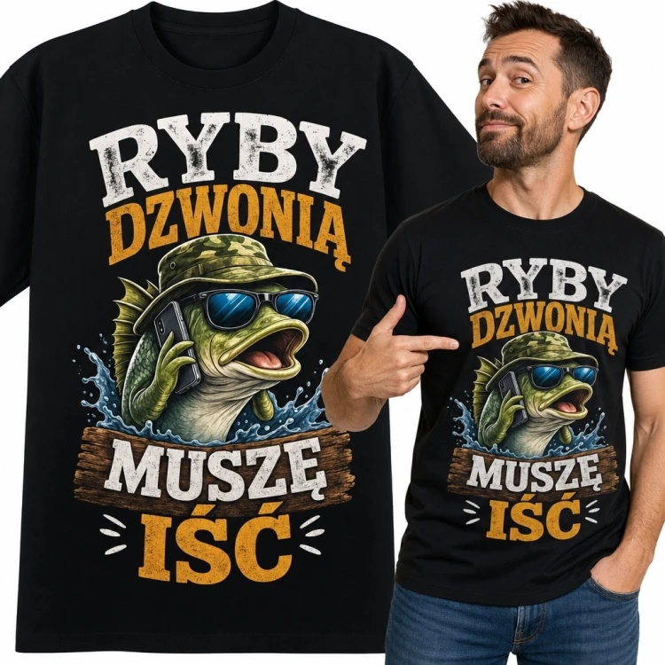 Koszulka męska dla wędkarza „Ryby dzwonią / muszę iść” - ryba z telefonem