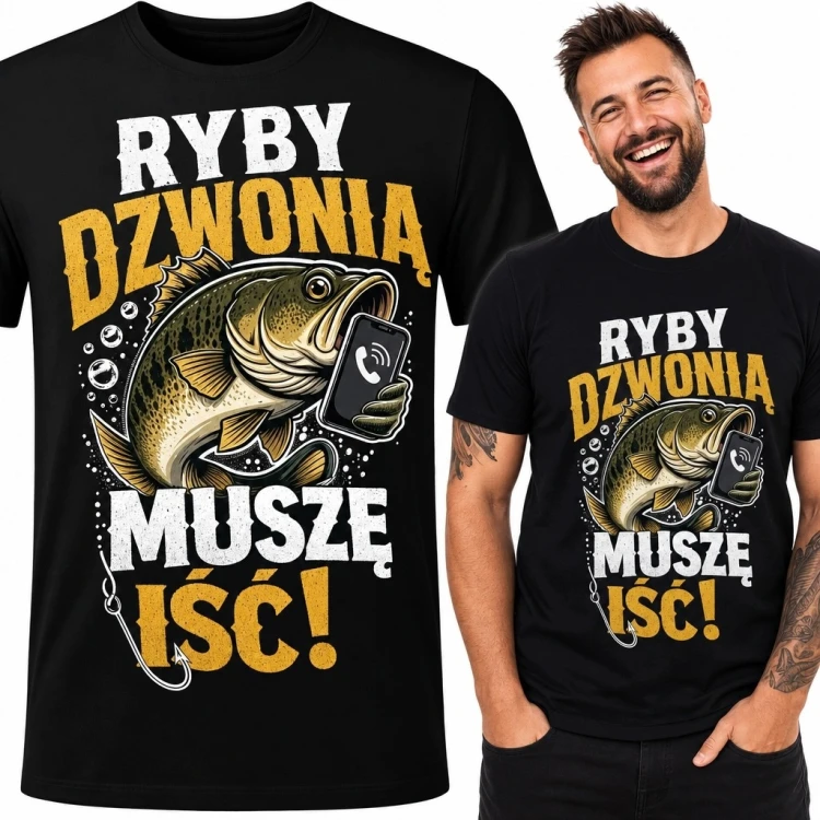 Koszulka męska dla wędkarza z rybą i smartfonem „Ryby dzwonią muszę iść!”