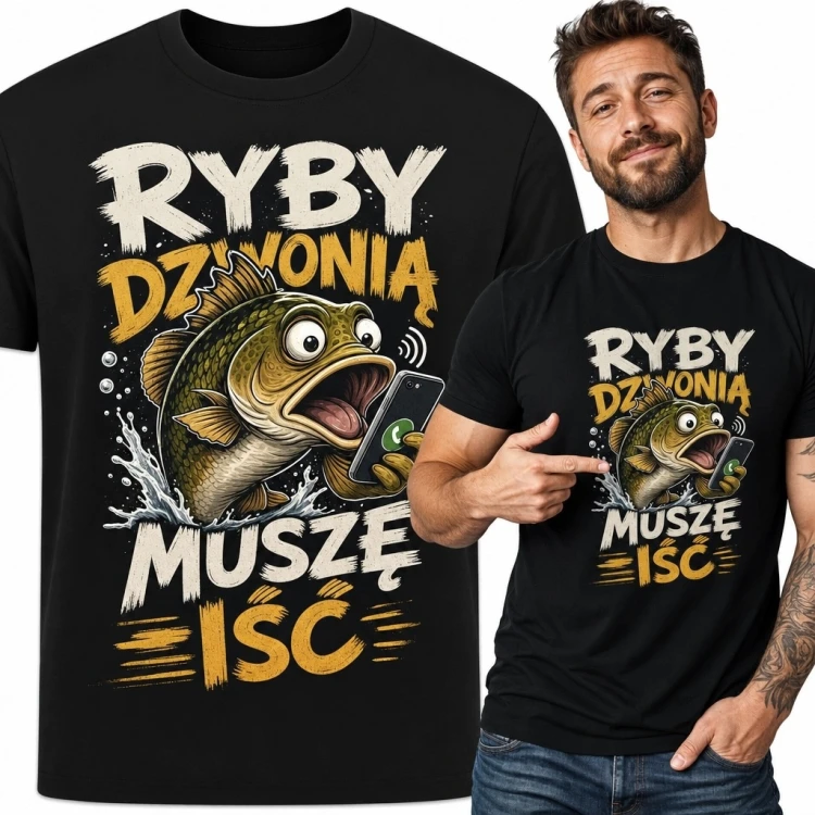 Koszulka męska dla wędkarza „Ryby dzwonią muszę iść” - humorystyczny nadruk