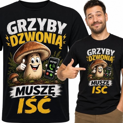 Koszulka męska dla grzybiarza „Grzyby dzwonią, muszę iść” - borowik z telefonem