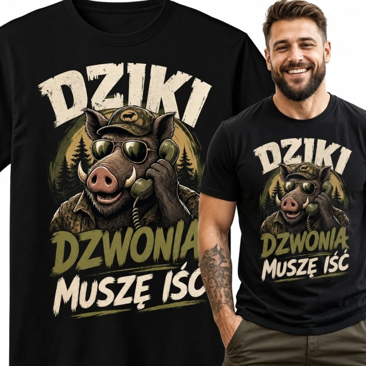 Koszulka męska z dzikiem „Dziki dzwonią muszę iść” - leśny humor