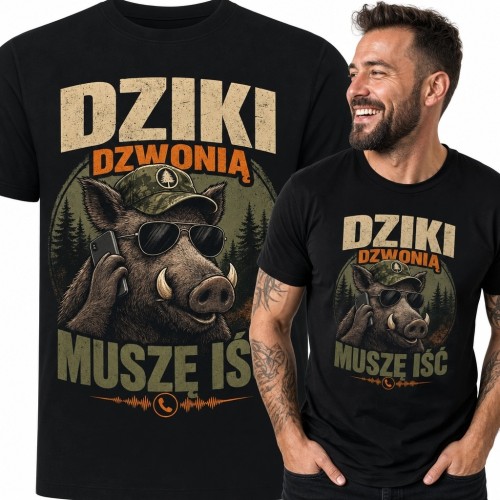 Koszulka męska z dzikiem „Dziki dzwonią, muszę iść” - leśny humor