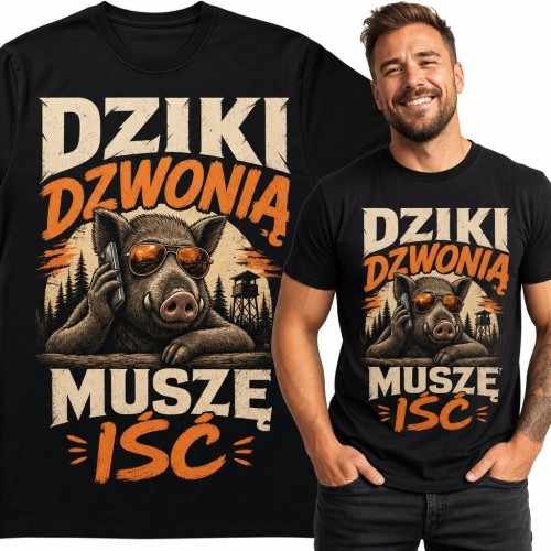 Koszulka męska dla myśliwego z dzikiem „Dziki dzwonią muszę iść”