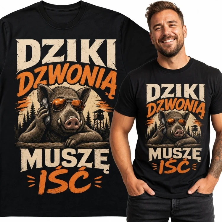 Koszulka męska dla myśliwego z dzikiem „Dziki dzwonią muszę iść”
