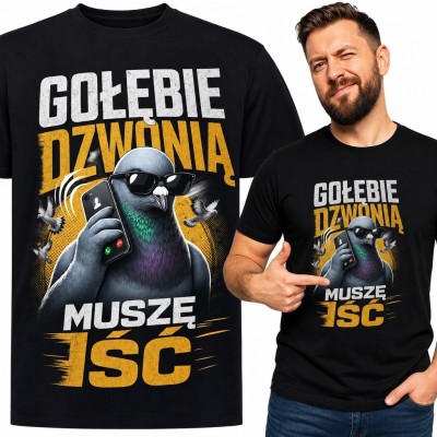 Koszulka męska „Gołębie dzwonią muszę iść” - gołąb w okularach i czarno-żółto-biały nadruk