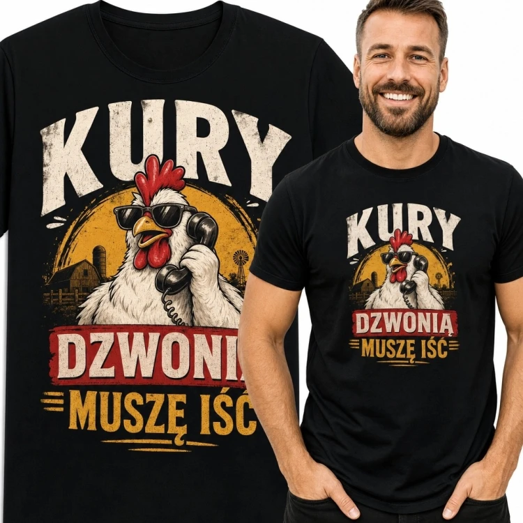 Koszulka męska z kogutem „Kury dzwonią muszę iść” - dla hodowcy kur