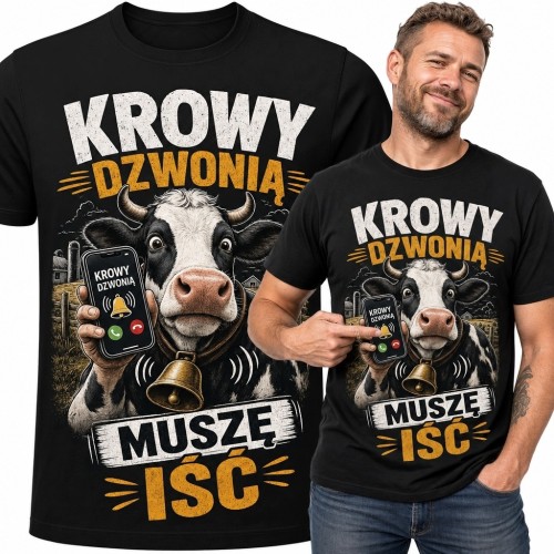 Koszulka męska dla rolnika z krową - „Krowy dzwonią muszę iść”