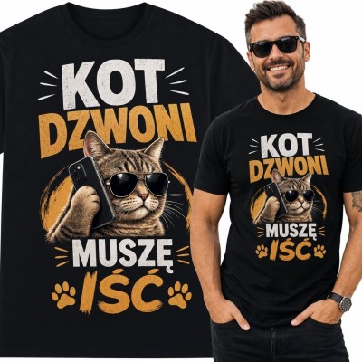 Koszulka męska z kotem „Kot dzwoni muszę iść” - humorystyczny wzór retro