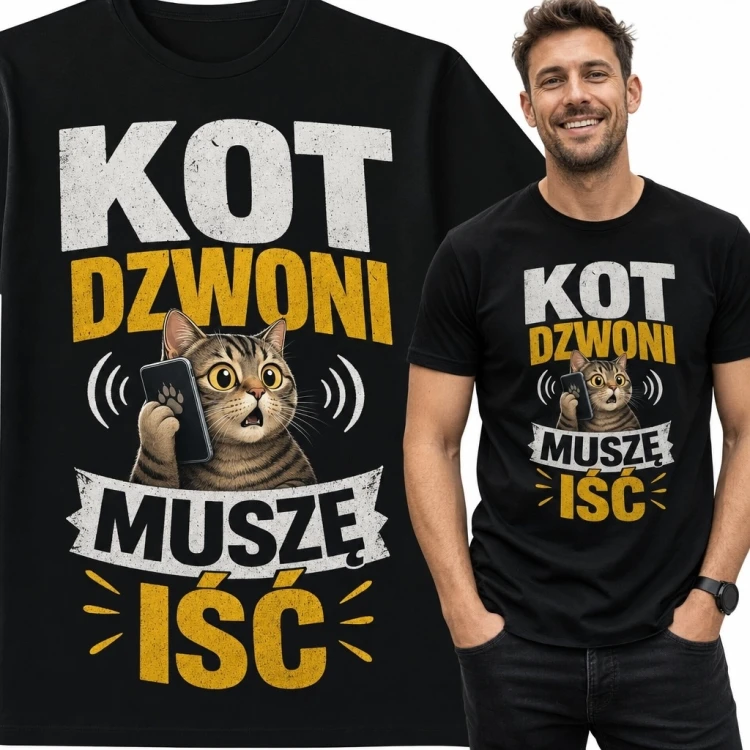 Koszulka męska z kotem „Kot dzwoni, muszę iść” - zabawny nadruk