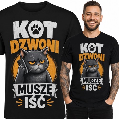 Koszulka męska z kotem „Kot dzwoni muszę iść” - zabawny nadruk