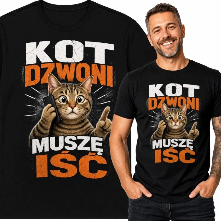Koszulka męska z kotem „Kot dzwoni muszę iść” - śmieszny nadruk