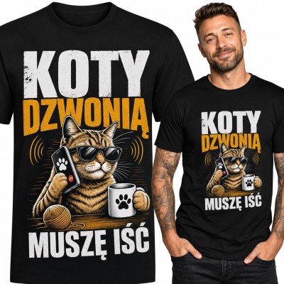 Koszulka męska z kotem „Koty dzwonią muszę iść” - humorystyczny wzór retro