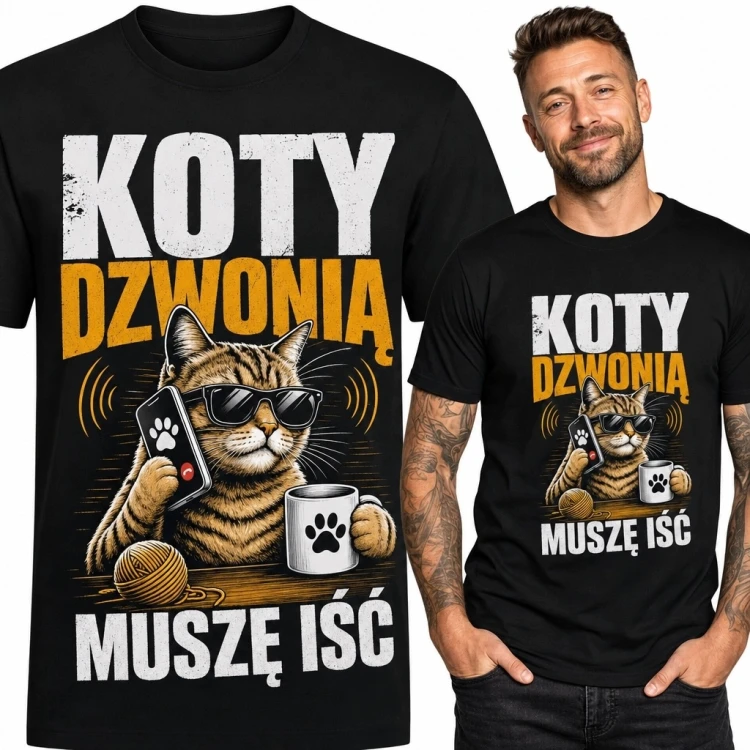 Koszulka męska z kotem „Koty dzwonią muszę iść” - humorystyczny wzór retro