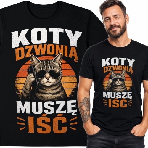 Koszulka męska z kotem „Koty dzwonią muszę iść” - humorystyczny nadruk retro