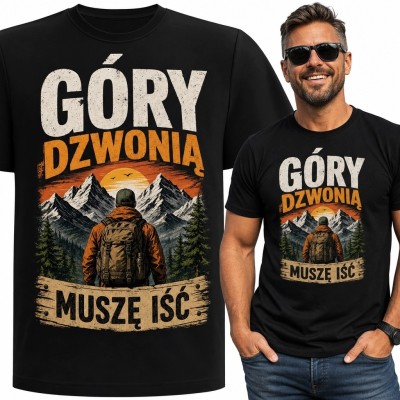 Koszulka męska z wędrowcem „Góry dzwonią muszę iść” - górski wzór