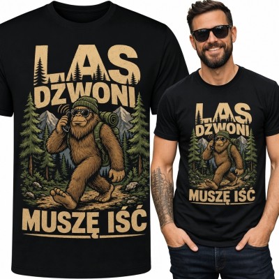 Koszulka męska z Wielką Stopą „Las dzwoni, muszę iść” - retro motyw leśny