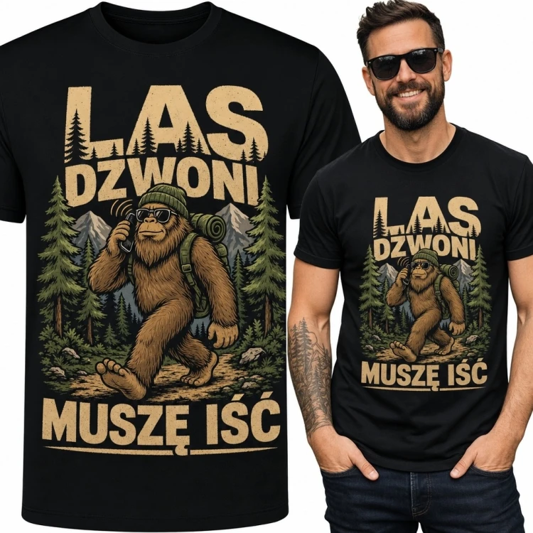 Koszulka męska z Wielką Stopą „Las dzwoni, muszę iść” - retro motyw leśny