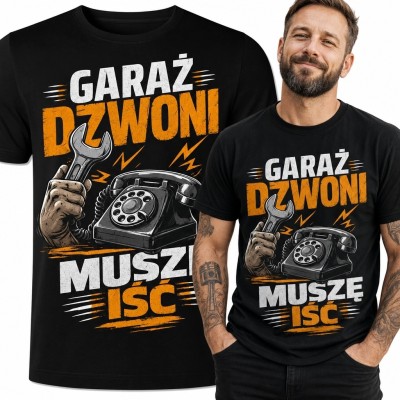 Koszulka męska dla majsterkowicza „Garaż dzwoni muszę iść” - telefon retro i klucz