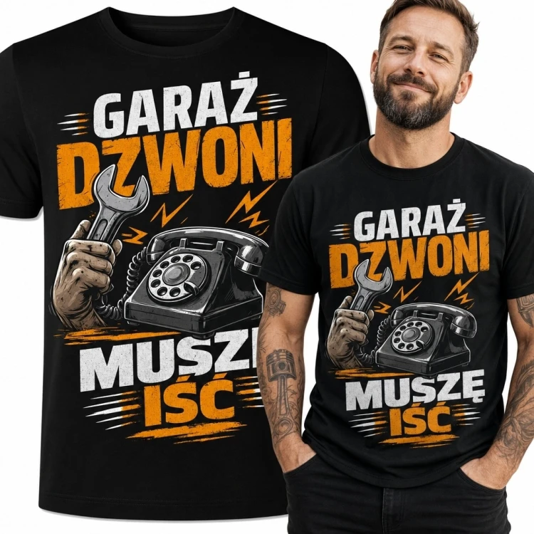 Koszulka męska dla majsterkowicza „Garaż dzwoni muszę iść” - telefon retro i klucz