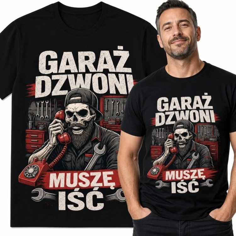 Koszulka męska dla mechanika ze szkieletem „Garaż dzwoni, muszę iść” - humor garażowy