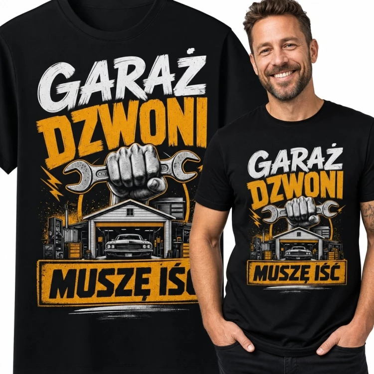 Koszulka męska motoryzacyjna „Garaż dzwoni / muszę iść” - samochód i klucz