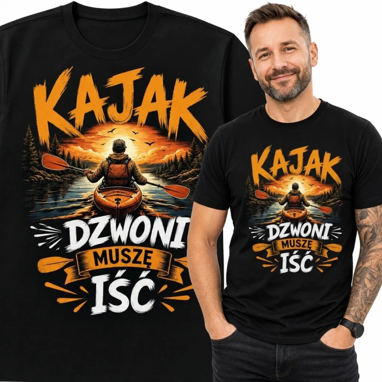 Koszulka męska z kajakarzem „Kajak dzwoni muszę iść” - zachód słońca