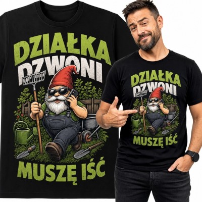Koszulka męska dla działkowca „Działka dzwoni muszę iść” - krasnal ogrodowy