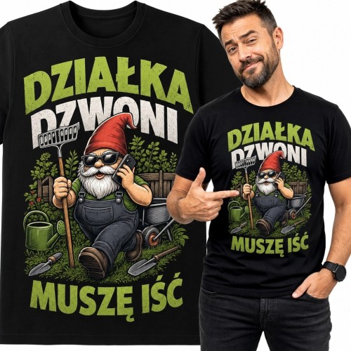 Koszulka męska dla działkowca „Działka dzwoni muszę iść” - krasnal ogrodowy