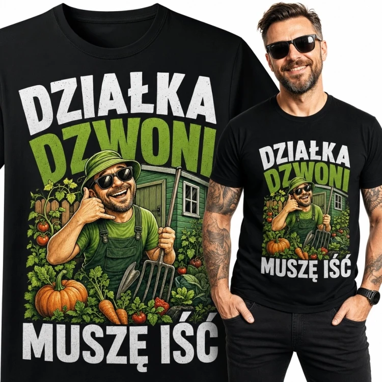 Koszulka męska dla działkowca „Działka dzwoni, muszę iść” - humorystyczny motyw ogrodniczy
