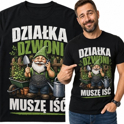 Koszulka męska dla działkowca z krasnalem ogrodnikiem „Działka dzwoni muszę iść”